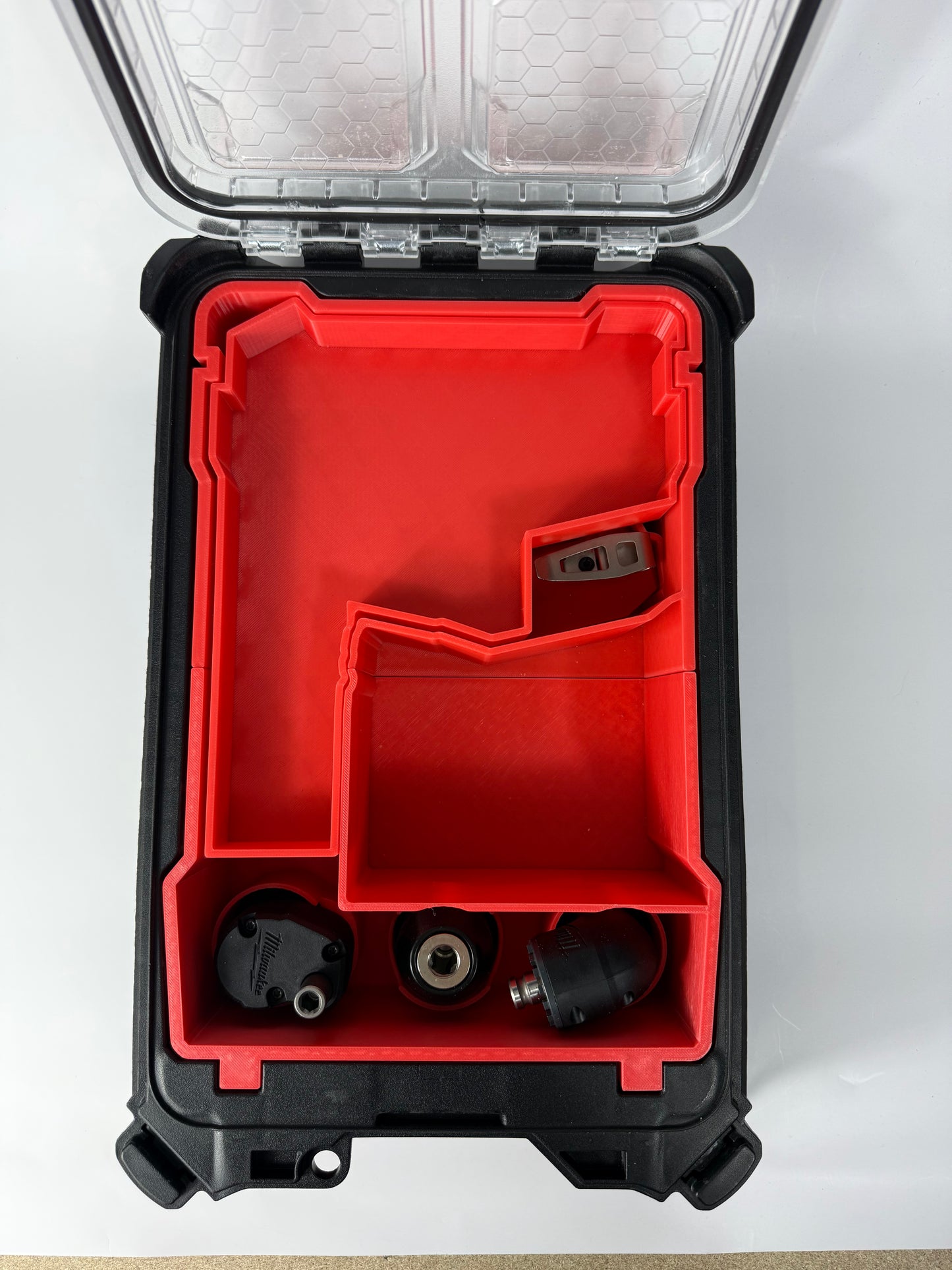 Custom inserts designed for the Milwaukee Packout Compact Organiser and M12 Installation Drill