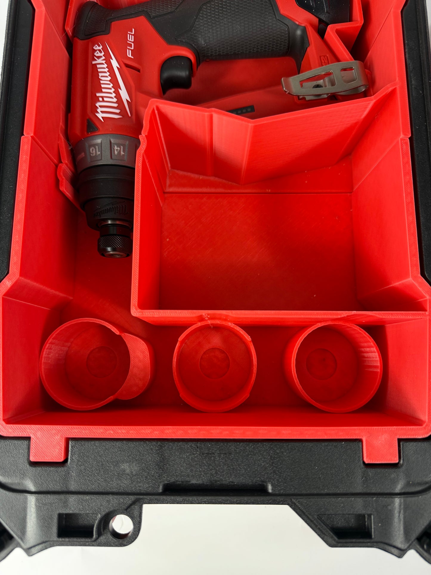 Custom inserts designed for the Milwaukee Packout Compact Organiser and M12 Installation Drill