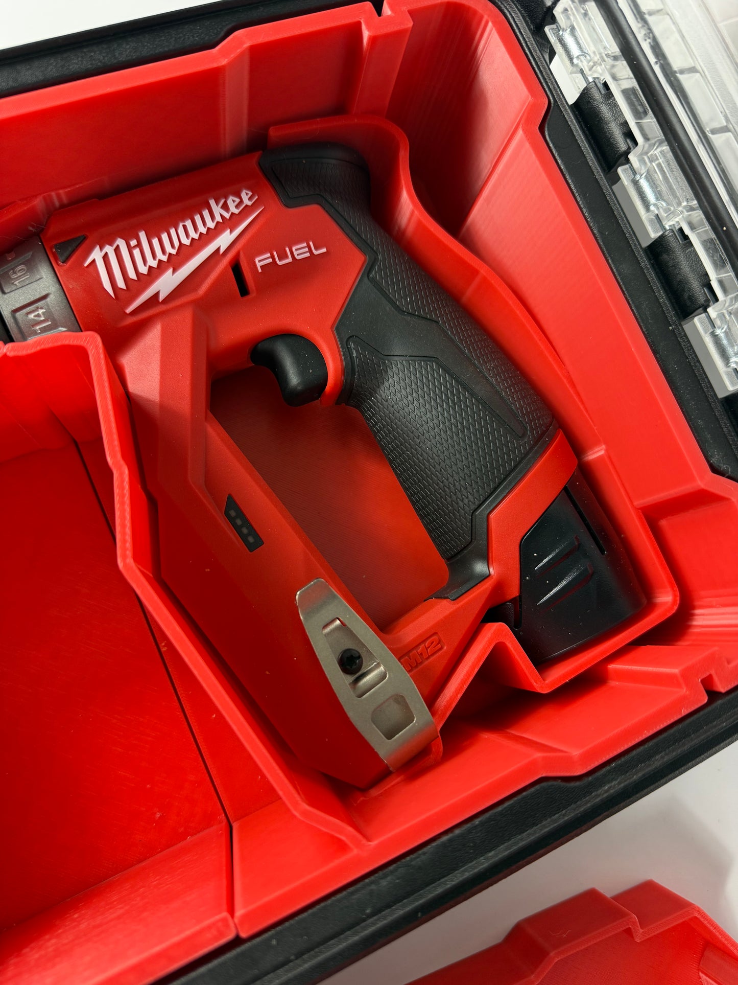 Custom inserts designed for the Milwaukee Packout Compact Organiser and M12 Installation Drill