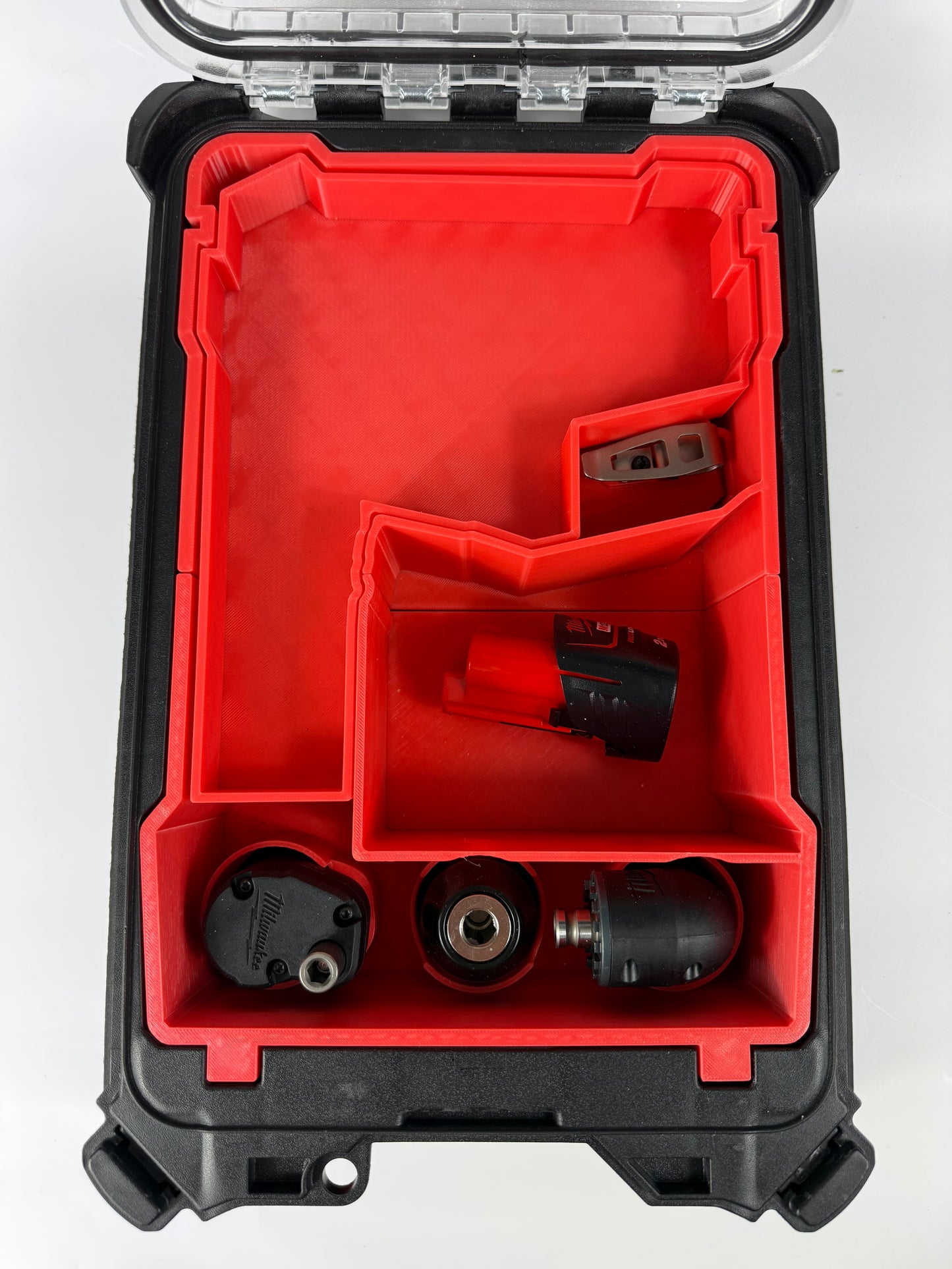 Custom inserts designed for the Milwaukee Packout Compact Organiser and M12 Installation Drill